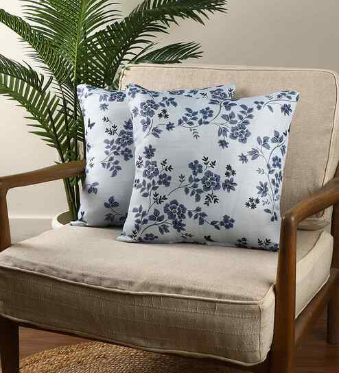 Blue Polyester Floral Printed 16x16 inches Cushion Covers Set of 2