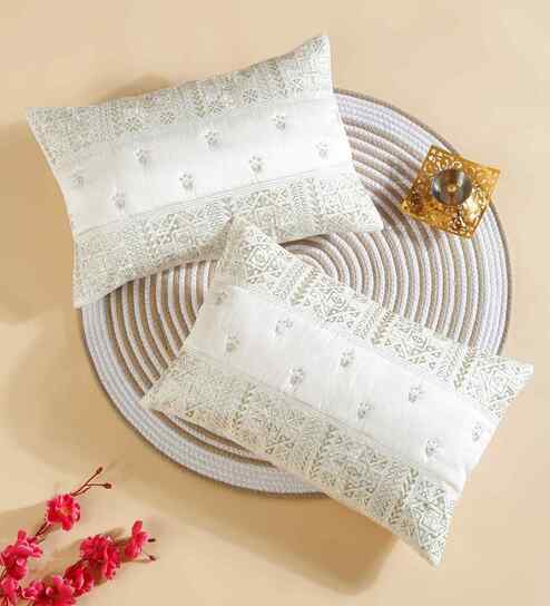 Ivory Polyester Abstract 12X18 Inches Cushion Covers (Pack of 2)