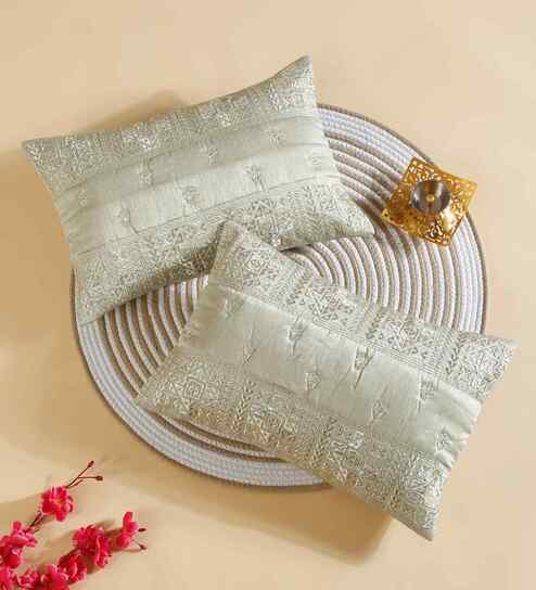 Silver Polyester Abstract 12X18 Inches Cushion Covers (Pack of 2)