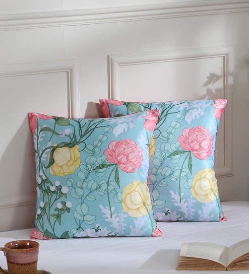 Blue Floral Polyester 16 x 16 Inches Cushion Covers (Set of 2) by Jeel