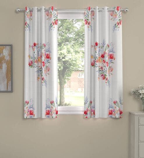 White Polyester Floral 5 Ft  Semisheer Eyelet 2 Window Curtains By Rosarahome