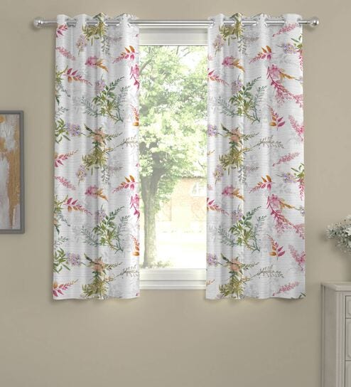White Polyester Floral 5 Ft Semisheer Eyelet 2 Window Curtains