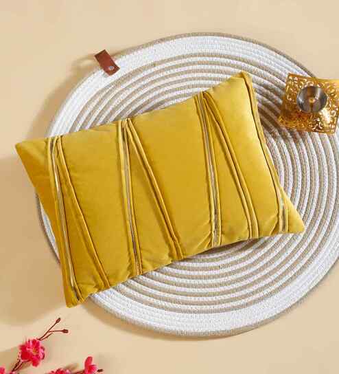 Yellow Polyester Striped 12X18 Inches Cushion Cover