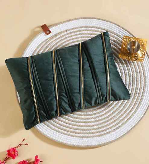 Green Polyester Striped 12X18 Inches Cushion Cover
