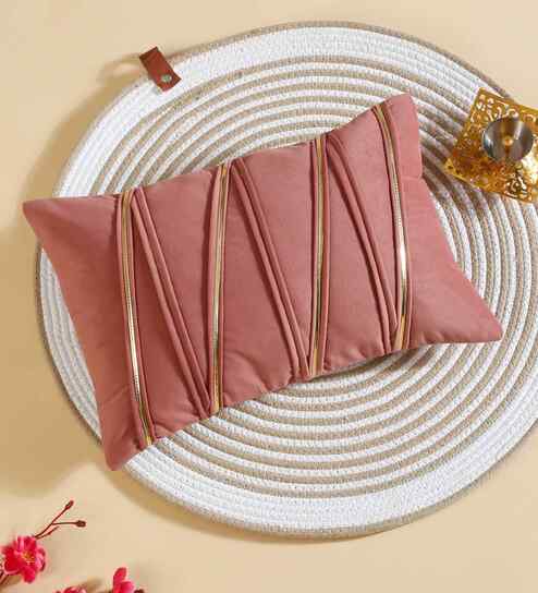 Peach Polyester Striped 12X18 Inches Cushion Cover