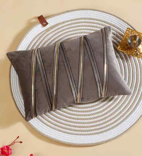 Brown Polyester Striped 12X18 Inches Cushion Cover
