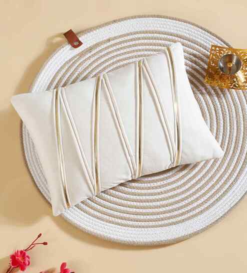 Cream Polyester Striped 12X18 Inches Cushion Cover