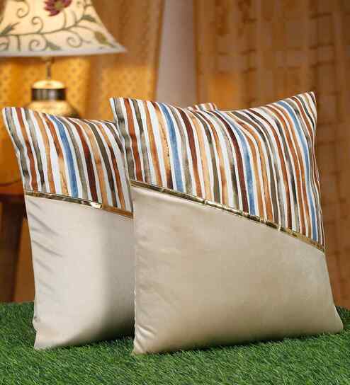 Multicolor Polyester Striped 16X16 Inches Cushion Covers (Pack of 2)