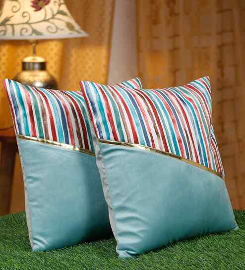 Multicolor Polyester Striped 16X16 Inches Cushion Covers (Pack of 2)