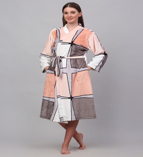 Multicolor Geometric Woolen Women Bath Robe With Belt (S)