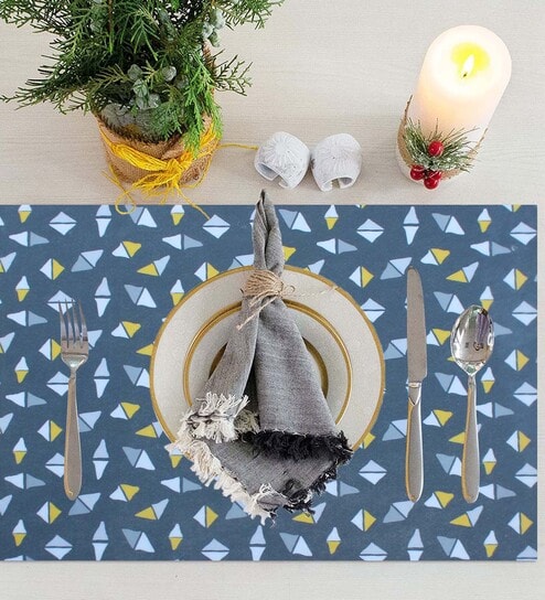 Blue Rubber Geometric 18x12 Inches Placematss 5 Pcs Table Linen Set by Luxe Home International