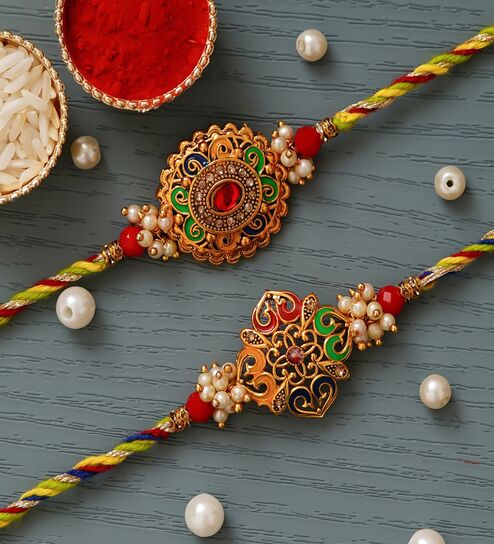 Multicolor Set of 2 Floral Designer Kundan Rakhi with Roli Chawal Pack