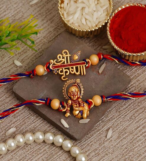 Multicolor Set of 2 Lord Krishna Religious Rakhis with Roli Chawal Pack