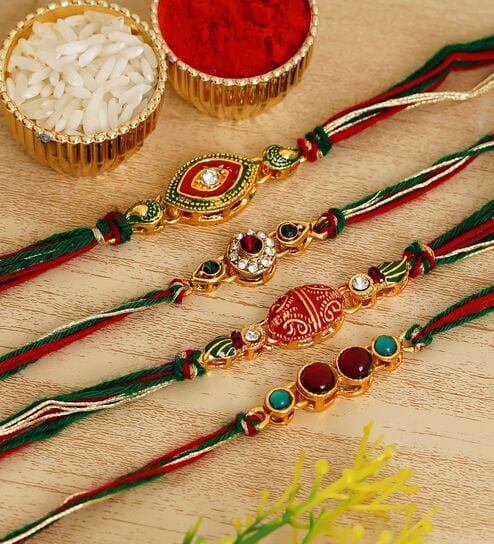 Multicolor Set of 4 Kundan Designer Rakhis with Roli Chawal Pack
