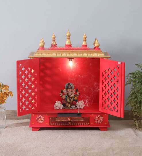 Pink Sheesham Wood & MDF Floor Rested Mandir With Door