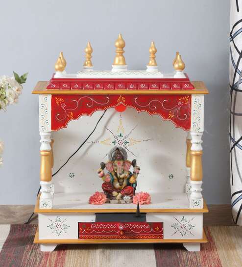 White and Red Sheesham Wood & MDF Floor Rested Mandir With Door