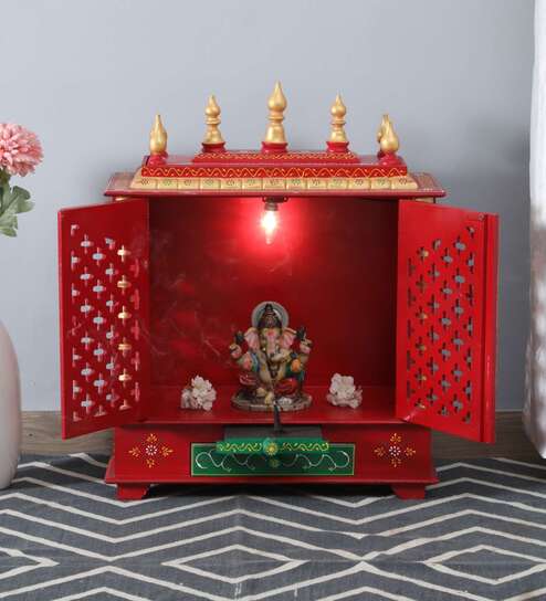 Red Sheesham Wood & MDF Floor Rested Mandir With Door