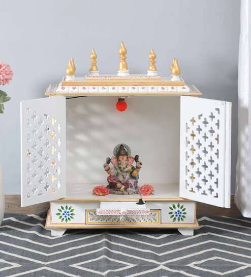 White Sheesham Wood & MDF Floor Rested Mandir With Door