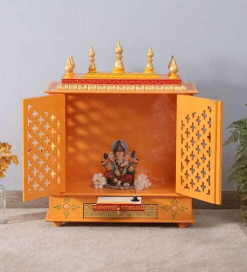 Yellow Sheesham Wood & MDF Floor Rested Mandir With Door