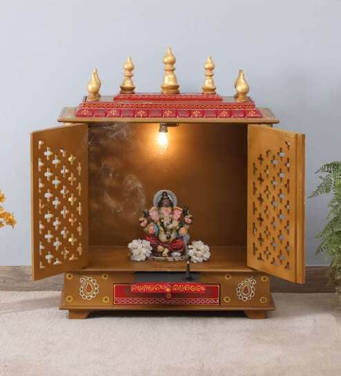Brown Sheesham Wood & MDF Floor Rested Mandir With Door