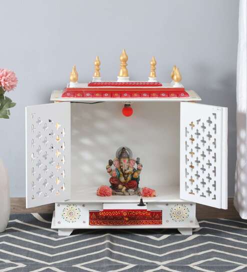 White Sheesham Wood and MDF Floor Rested Mandir Without Door