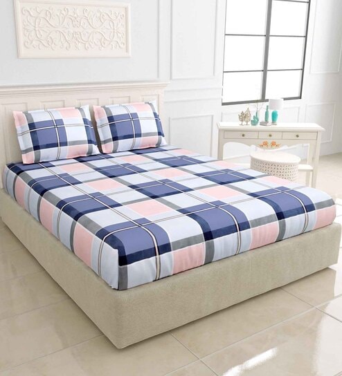 Multicolor Checkered 150 TC Cotton Double Bedsheet With 2 Pillow Covers Collection