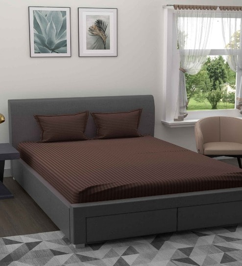 Brown Solid 180 TC Cotton King Sized Bedsheet with 2 Pillow Covers