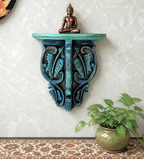 Green Solid Wood Handcarved Harita Patra Floating Wall Shelf With Distressed Finish