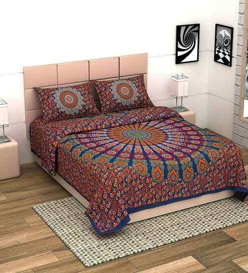 Red Traditional 180 TC Cotton King Sized Bedsheet with 2 Pillow Covers