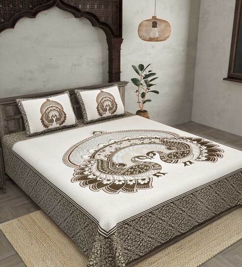 Grey Traditional 180 TC Cotton Queen Sized Bed Sheets with 2 Pillow Covers