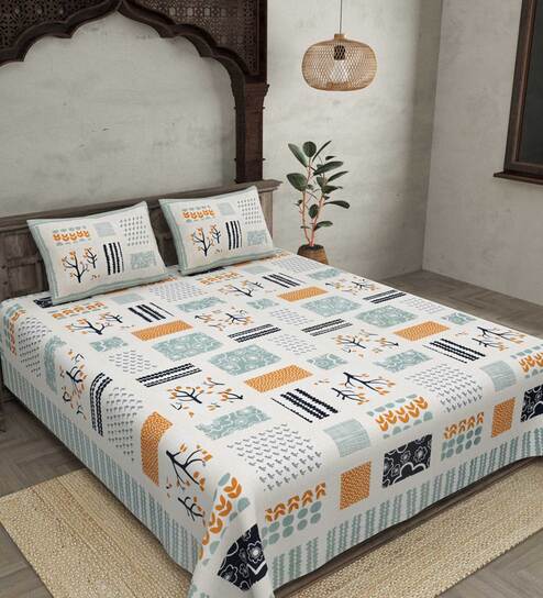 Multicolor Abstract 240 TC Cotton King Sized Bed Sheets with 2 Pillow Covers