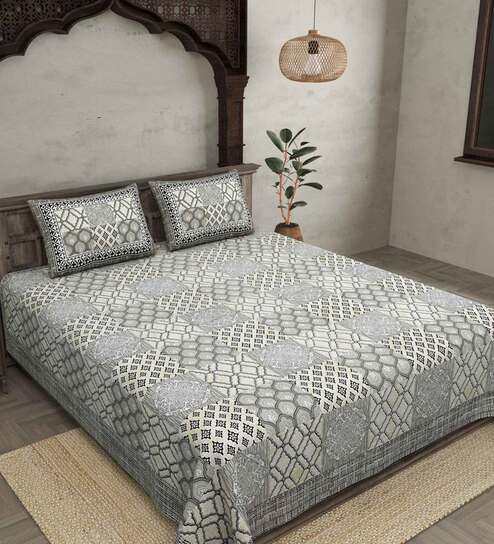 Grey Abstract 240 TC Cotton King Sized Bed Sheets with 2 Pillow Covers by Jaipur Fabric