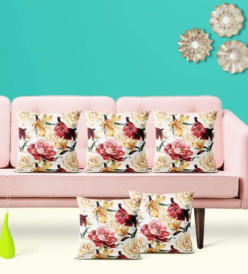 Cream Floral Velvet 16 x 16 Inches Cushion Covers (Set of 5) by ArtzFolio