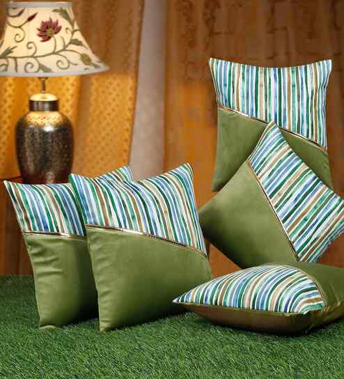 Green Velvet Striped 12X12 Inches Cushion Covers (Pack of 5)