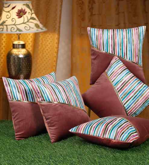 Multicolor Velvet Striped 16X16 Inches Cushion Covers (Pack of 5)