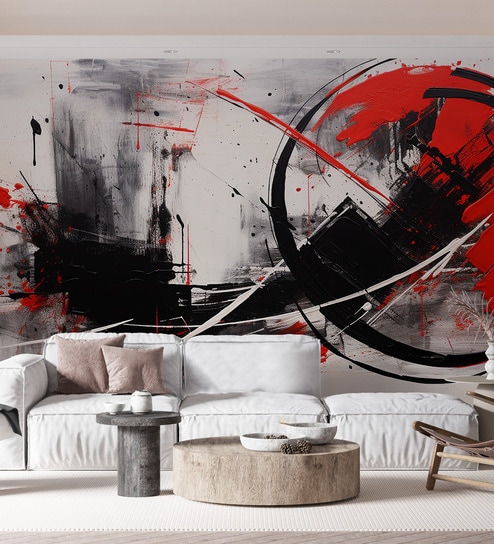 Red Circle Brushwork Vinyl Abstract Self Adhesive Wallpaper (3 ft X 3 ft)