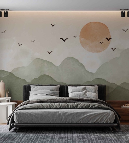 Green Hills Birds Flight Vinyl Abstract Self Adhesive Wallpaper (3 ft X 3 ft)