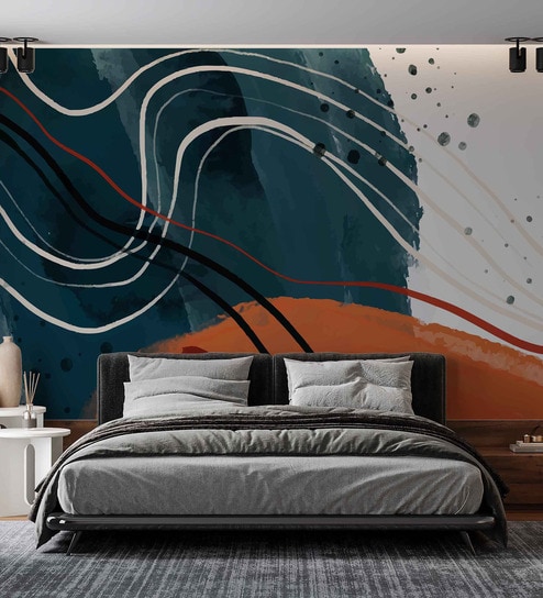Teal Orange Line Art Vinyl Abstract Self Adhesive Wallpaper (3 ft X 3 ft)
