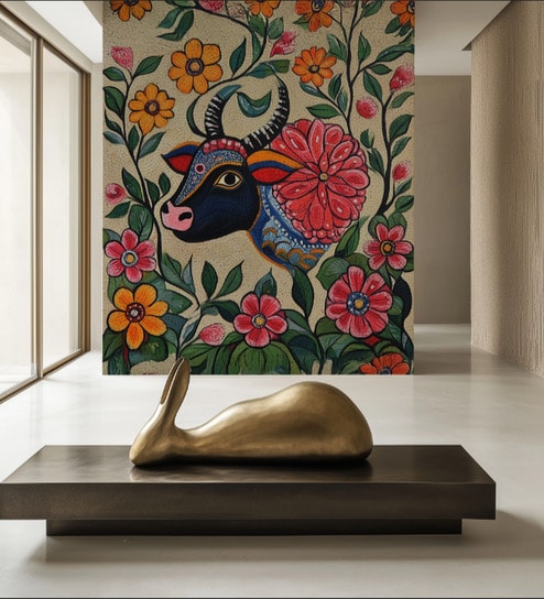 Folk Bull Tapestry Vinyl Animals Self Adhesive Wallpaper (3 ft X 3 ft)