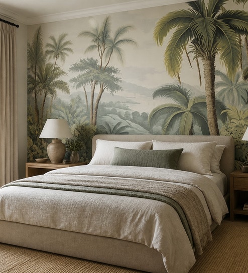 Palmtree Lake Retreat Vinyl Botanical Self Adhesive Wallpaper (3 ft X 3 ft)