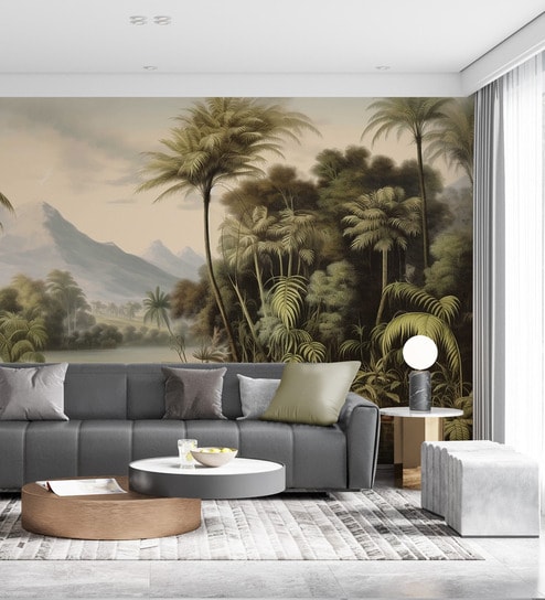 Hazy Mountain Palms Vinyl Botanical Self Adhesive Wallpaper (3 ft X 3 ft)