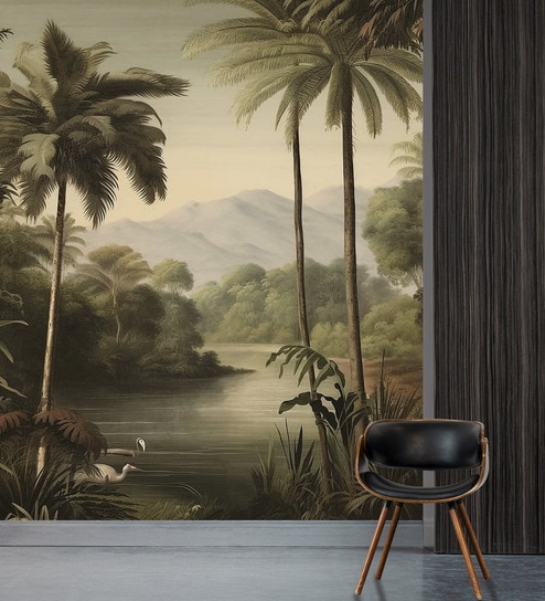 Serene Lakeside Palms Vinyl Botanical Self Adhesive Wallpaper (3 ft X 3 ft)