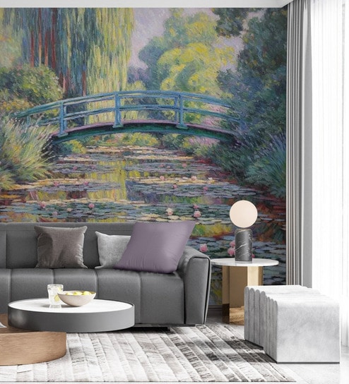 Japanese Bridge Pond Vinyl Botanical Self Adhesive Wallpaper (3 ft X 3 ft)