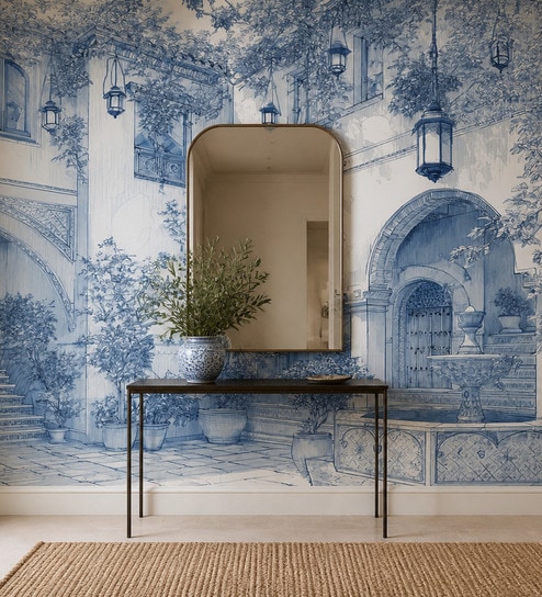 Blue Tile Archway Vinyl Botanical Self Adhesive Wallpaper (3 ft X 3 ft)
