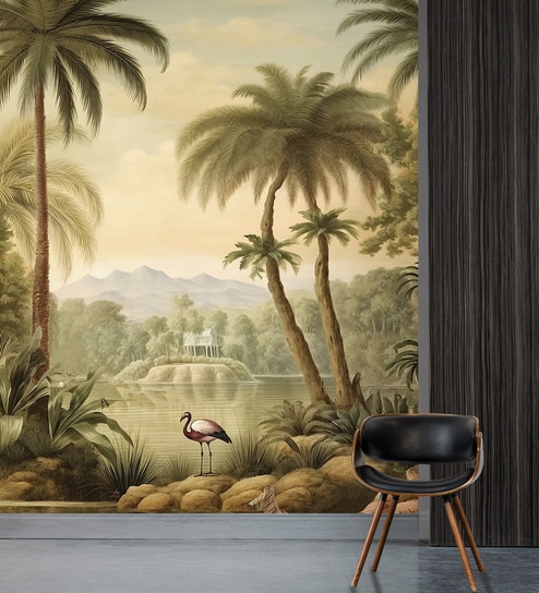 Heron Lakeside Palms Vinyl Botanical Self Adhesive Wallpaper (3 ft X 3 ft)