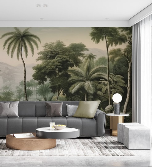 Palm Mountain Lakeside Vinyl Botanical Self Adhesive Wallpaper (3 ft X 3 ft)