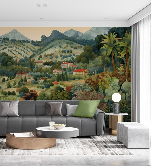 Terraced Hillside Village Vinyl Botanical Self Adhesive Wallpaper (3 ft X 3 ft)