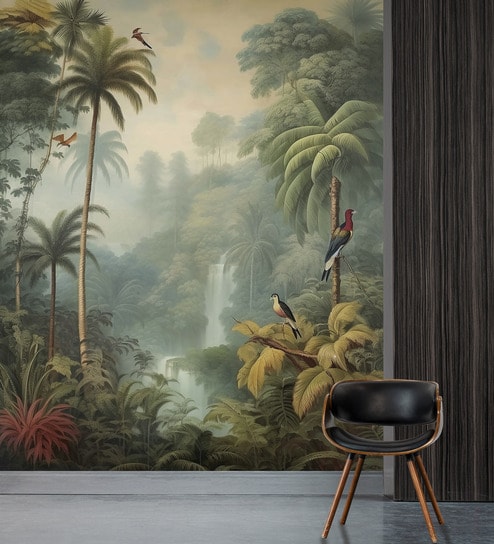 Palm Waterfall Oasis Vinyl Botanical Self Adhesive Wallpaper (3 ft X 3 ft)