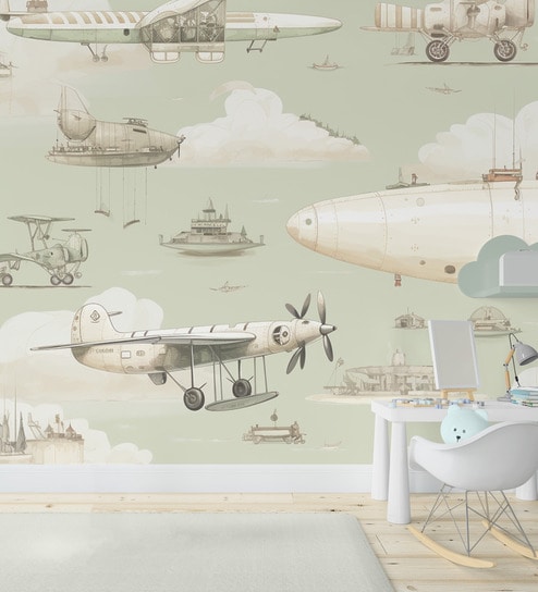 Sage Airship Squadron Vinyl Decorative Self Adhesive Wallpaper (3 ft X 3 ft)