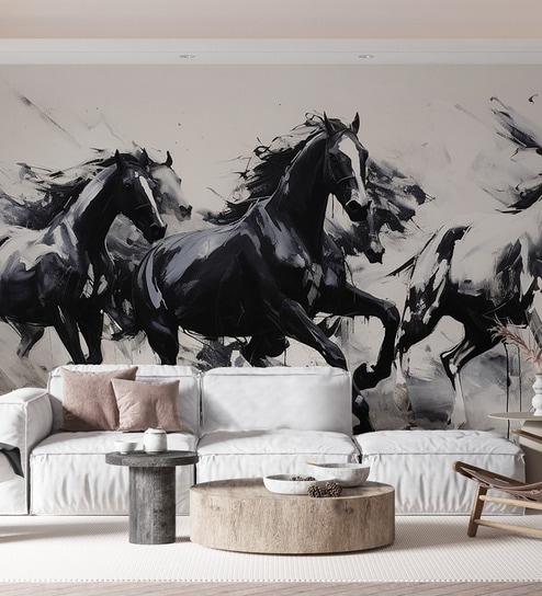 Wild Horses Charcoal Vinyl Decorative Self Adhesive Wallpaper (3 ft X 3 ft)